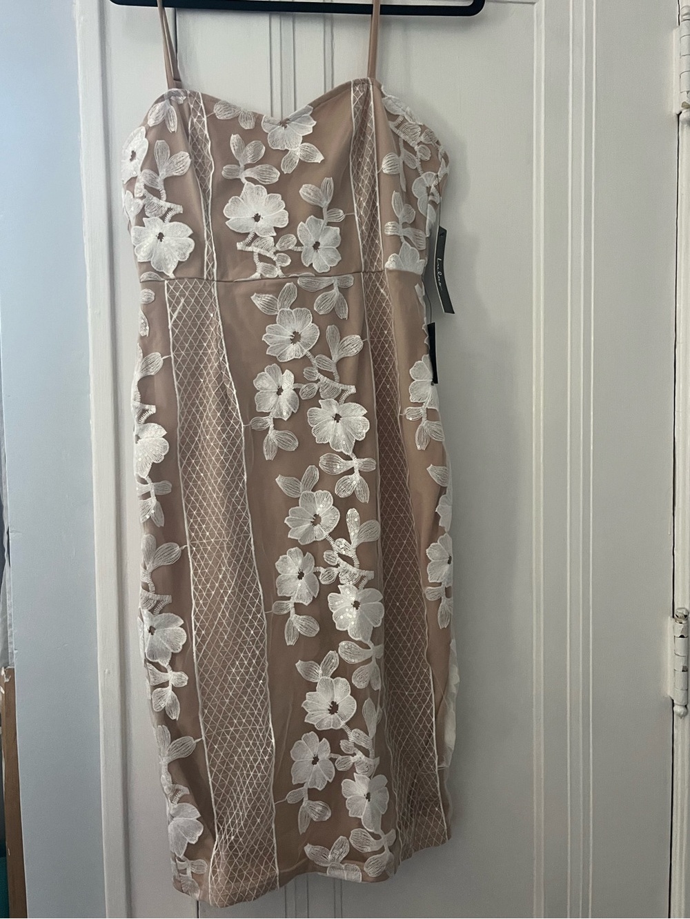 NWT Lulus Floral Applique Nude Sheath Dress with White Lace Overlay